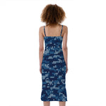 Blue Camouflage Knitted Pattern Print Slim Fit Midi Cami Dress