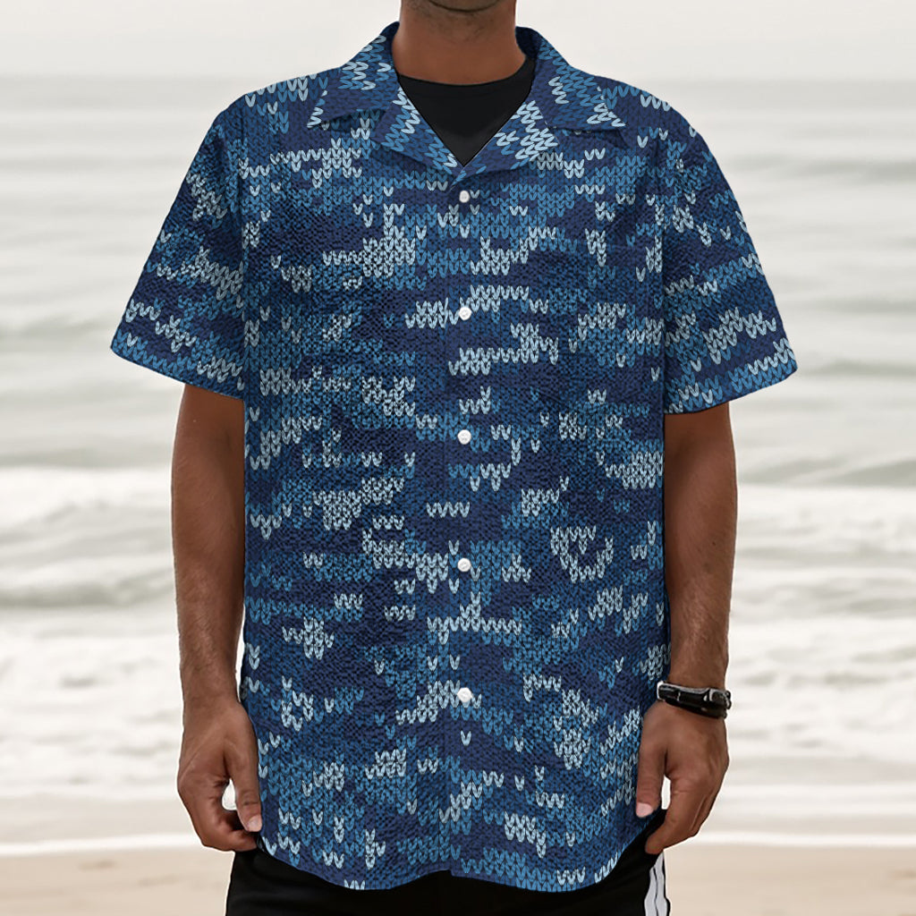 Blue Camouflage Knitted Pattern Print Textured Short Sleeve Shirt