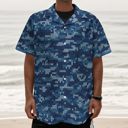 Blue Camouflage Knitted Pattern Print Textured Short Sleeve Shirt
