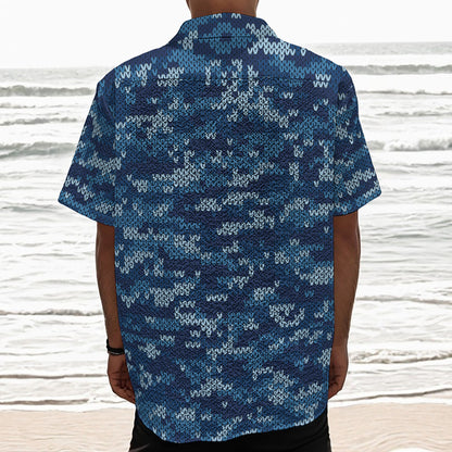 Blue Camouflage Knitted Pattern Print Textured Short Sleeve Shirt