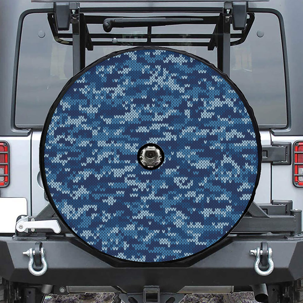 Blue Camouflage Knitted Pattern Print Tire Cover With Camera Hole