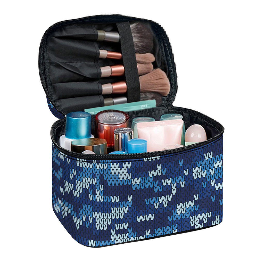 Blue Camouflage Knitted Pattern Print Travel Makeup Bag