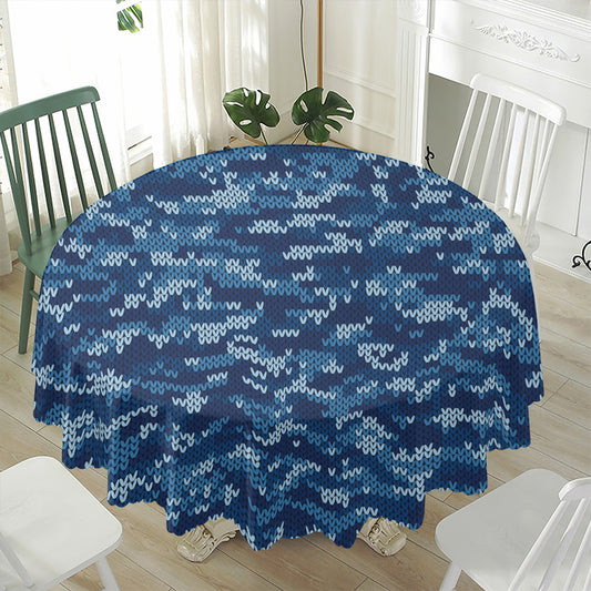 Blue Camouflage Knitted Pattern Print Waterproof Round Tablecloth