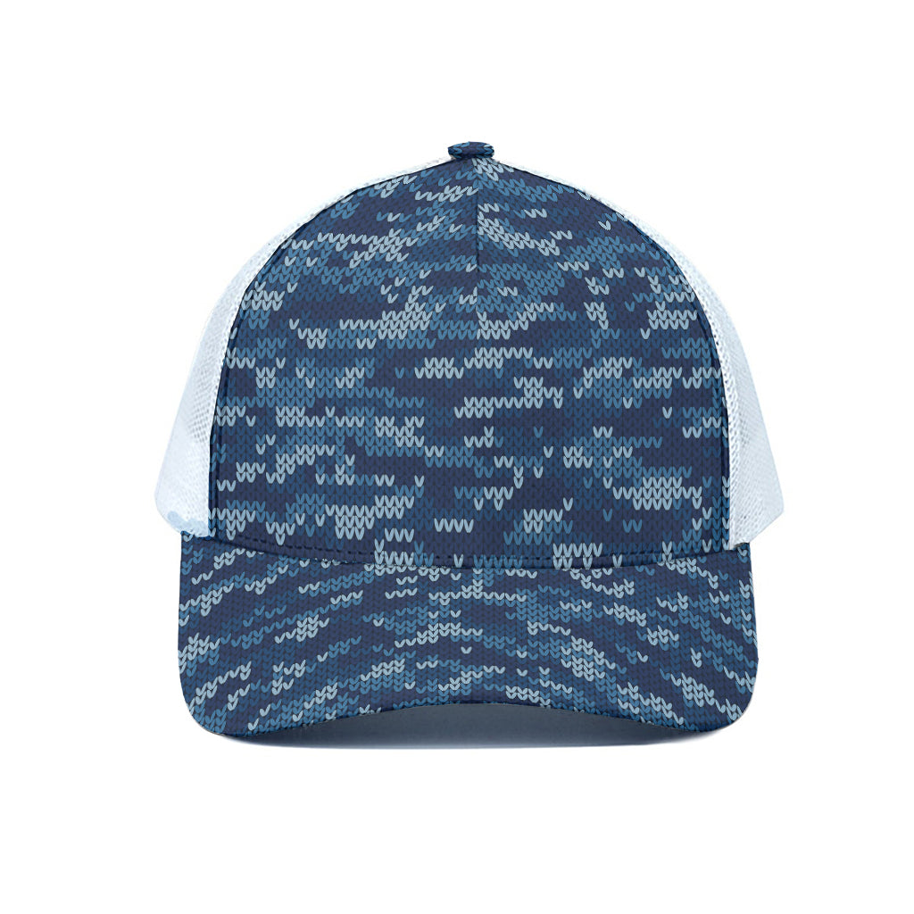 Blue Camouflage Knitted Pattern Print White Mesh Trucker Cap