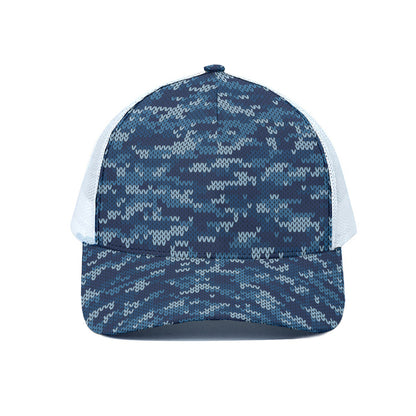 Blue Camouflage Knitted Pattern Print White Mesh Trucker Cap