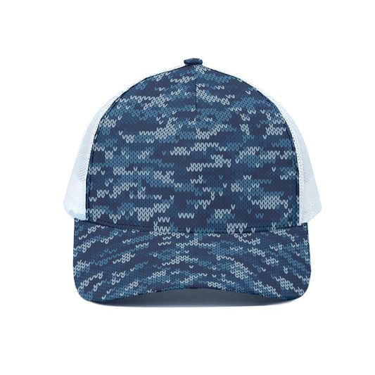 Blue Camouflage Knitted Pattern Print White Mesh Trucker Cap