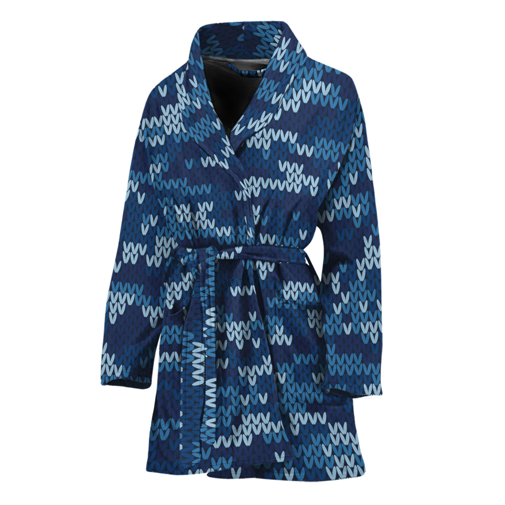 Blue Camouflage Knitted Pattern Print Women's Bathrobe
