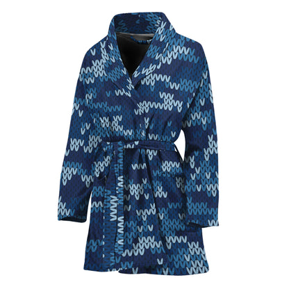 Blue Camouflage Knitted Pattern Print Women's Bathrobe