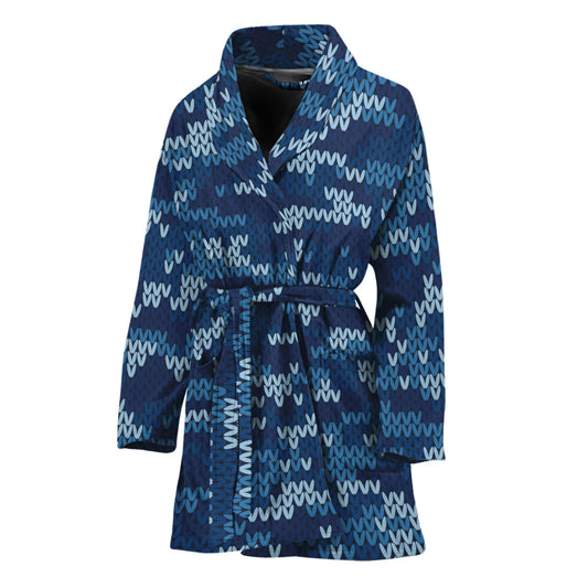 Blue Camouflage Knitted Pattern Print Women's Bathrobe