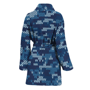 Blue Camouflage Knitted Pattern Print Women's Bathrobe