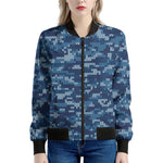 Blue Camouflage Knitted Pattern Print Women's Bomber Jacket