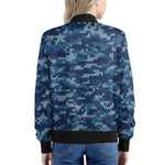 Blue Camouflage Knitted Pattern Print Women's Bomber Jacket