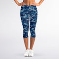 Blue Camouflage Knitted Pattern Print Women's Capri Leggings