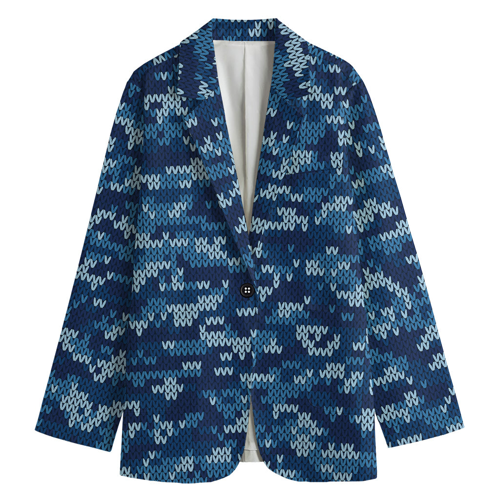 Blue Camouflage Knitted Pattern Print Women's Cotton Blazer