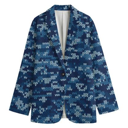 Blue Camouflage Knitted Pattern Print Women's Cotton Blazer