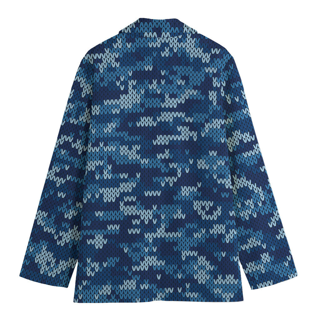 Blue Camouflage Knitted Pattern Print Women's Cotton Blazer