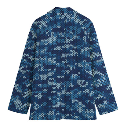 Blue Camouflage Knitted Pattern Print Women's Cotton Blazer