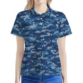 Blue Camouflage Knitted Pattern Print Women's Polo Shirt