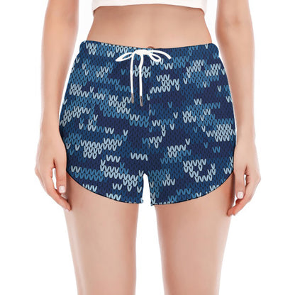 Blue Camouflage Knitted Pattern Print Women's Split Running Shorts