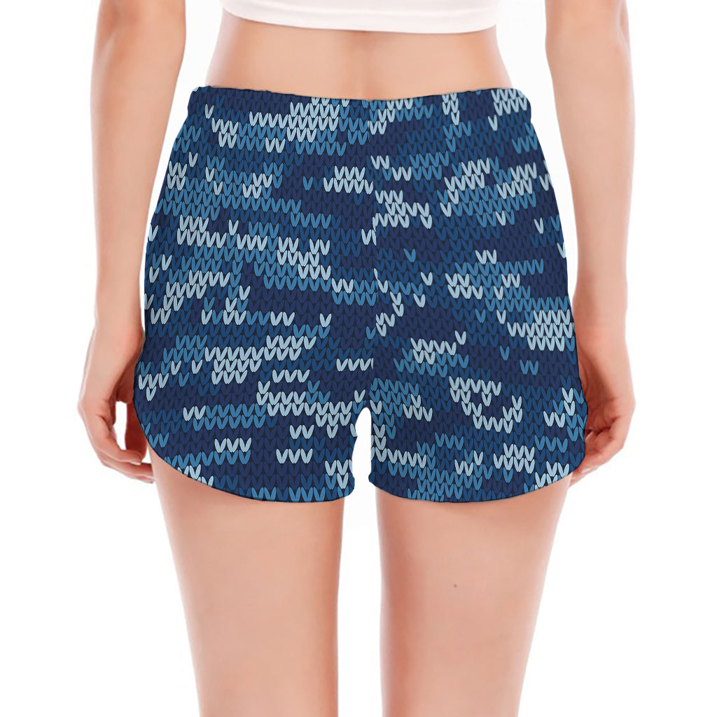 Blue Camouflage Knitted Pattern Print Women's Split Running Shorts