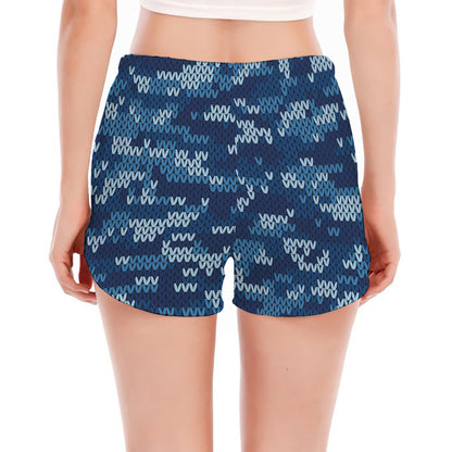 Blue Camouflage Knitted Pattern Print Women's Split Running Shorts