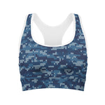 Blue Camouflage Knitted Pattern Print Women's Sports Bra