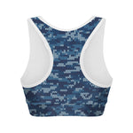 Blue Camouflage Knitted Pattern Print Women's Sports Bra