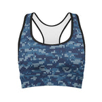 Blue Camouflage Knitted Pattern Print Women's Sports Bra