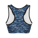 Blue Camouflage Knitted Pattern Print Women's Sports Bra