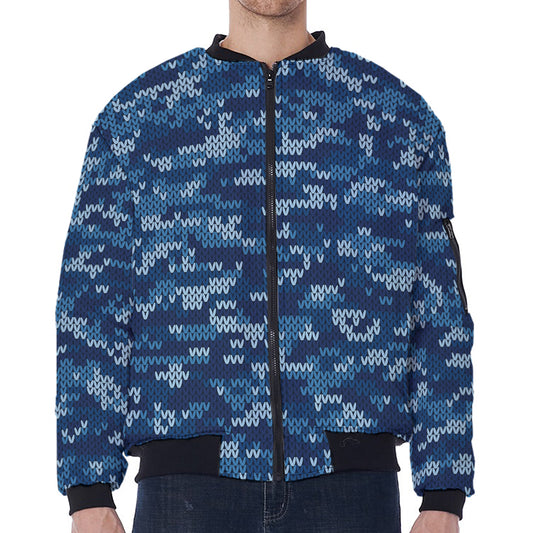 Blue Camouflage Knitted Pattern Print Zip Sleeve Bomber Jacket