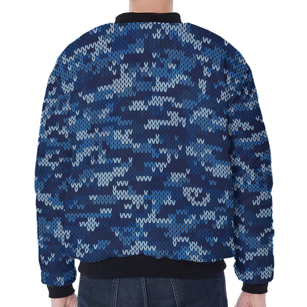 Blue Camouflage Knitted Pattern Print Zip Sleeve Bomber Jacket