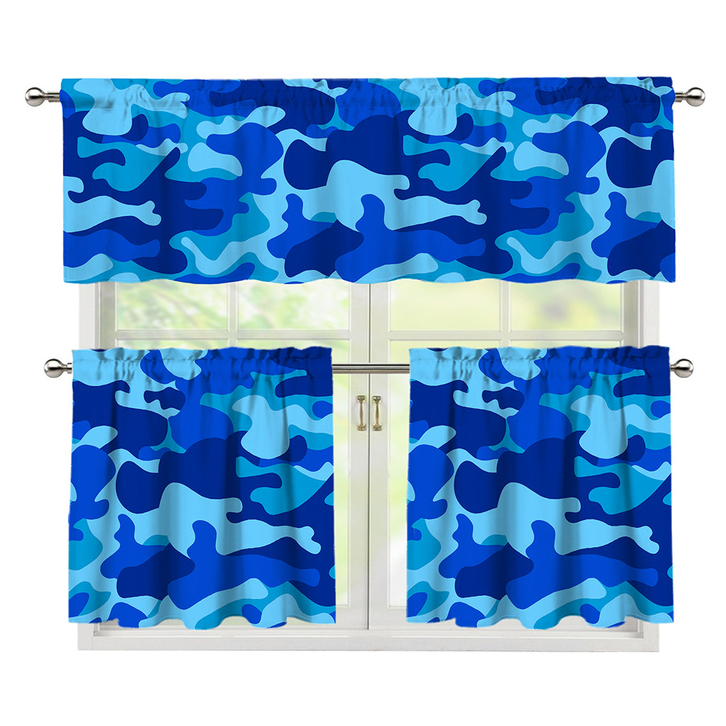 Blue Camouflage Print 3 Piece Kitchen Curtains
