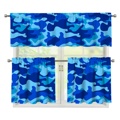 Blue Camouflage Print 3 Piece Kitchen Curtains