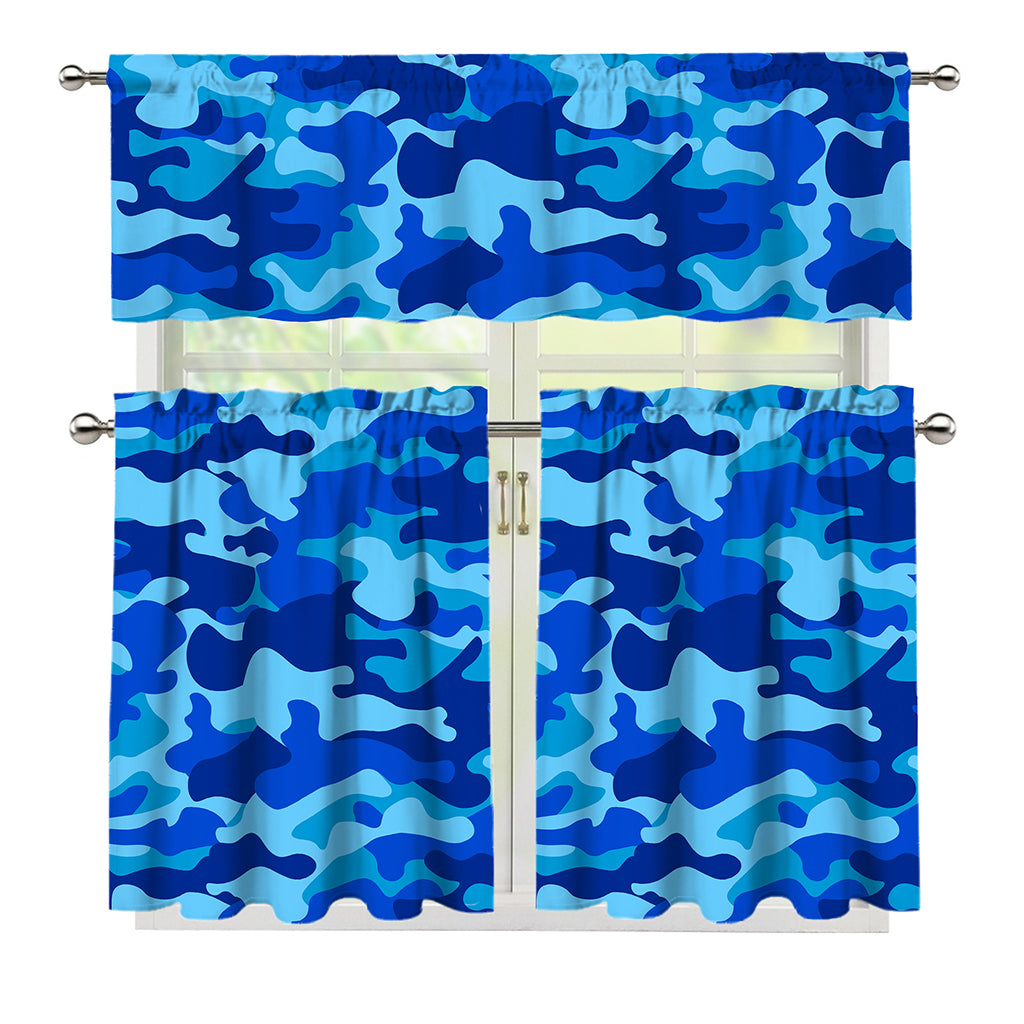 Blue Camouflage Print 3 Piece Kitchen Curtains