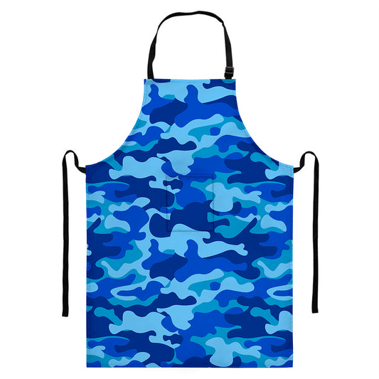 Blue Camouflage Print Bib Apron With Pocket