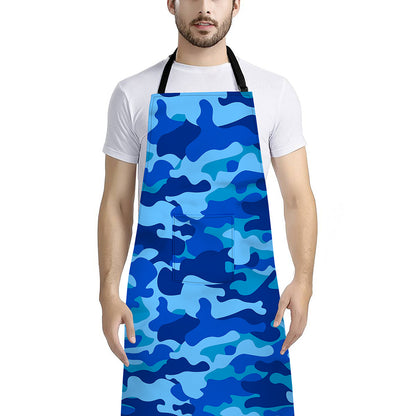 Blue Camouflage Print Bib Apron With Pocket