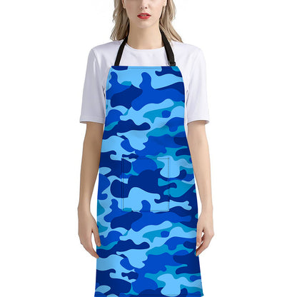Blue Camouflage Print Bib Apron With Pocket
