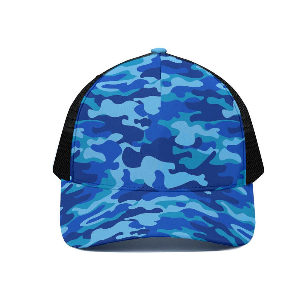 Blue Camouflage Print Black Mesh Trucker Cap
