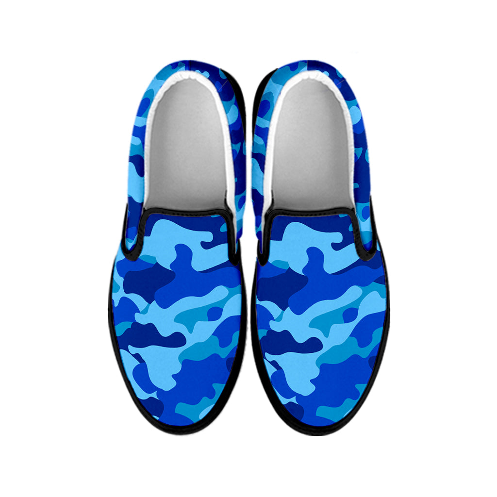 Blue Camouflage Print Black Slip On Sneakers