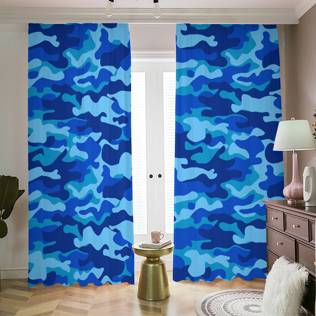 Blue Camouflage Print Blackout Pencil Pleat Curtains