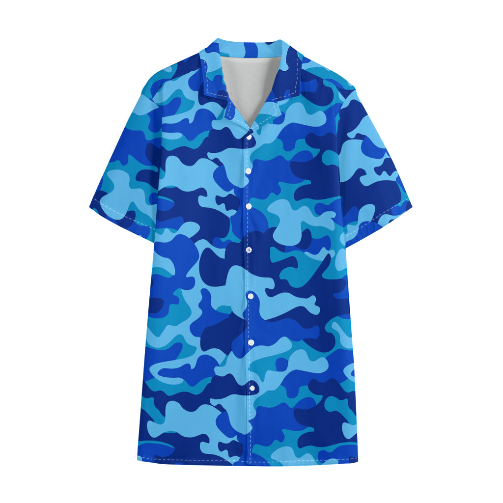 Blue Camouflage Print Cotton Hawaiian Shirt