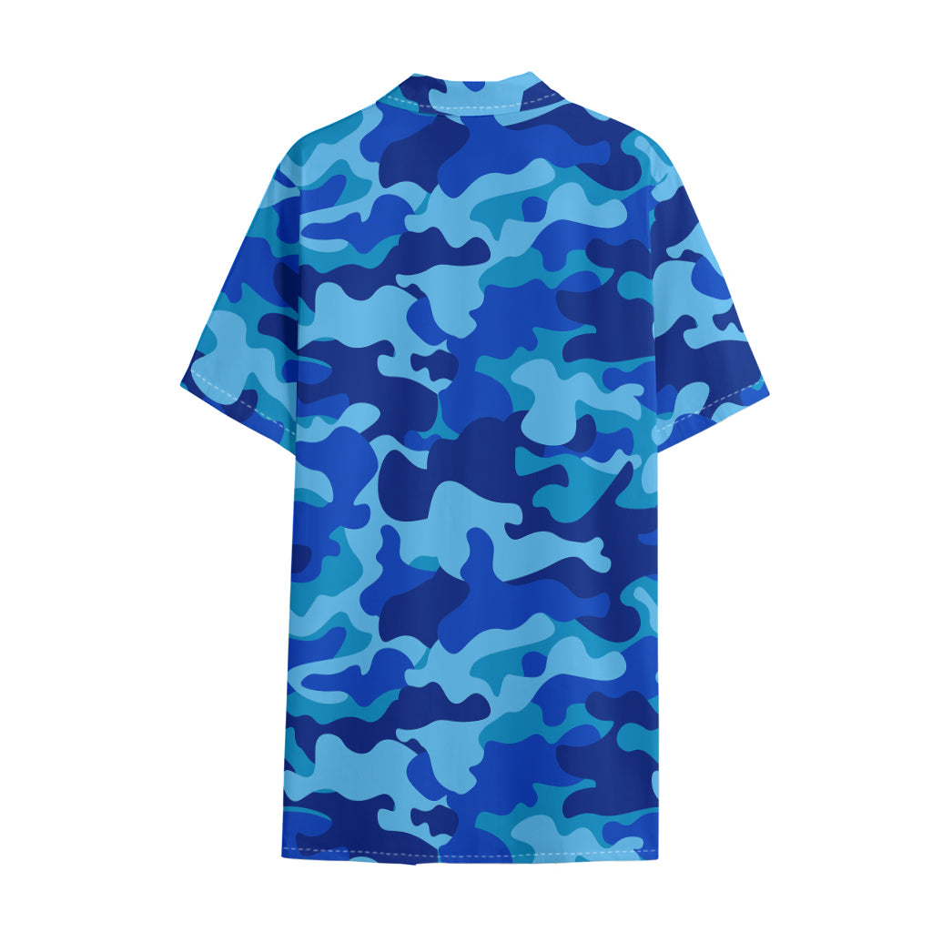 Blue Camouflage Print Cotton Hawaiian Shirt