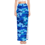 Blue Camouflage Print High Slit Maxi Skirt