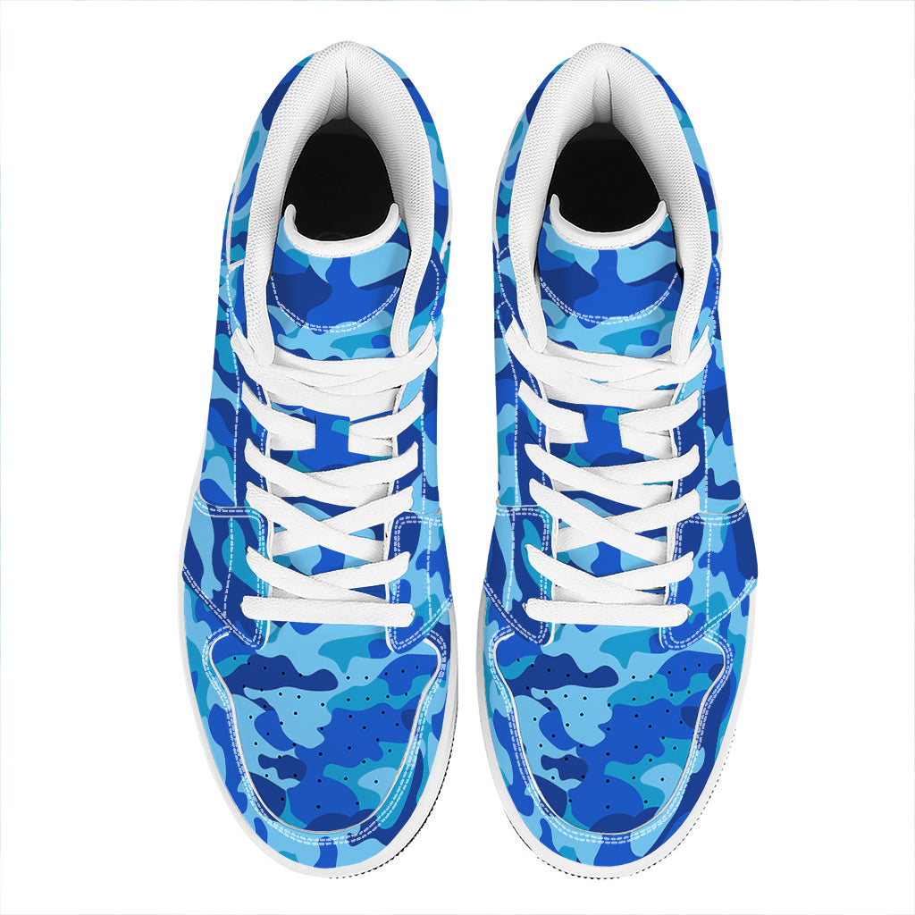 Blue Camouflage Print High Top Leather Sneakers