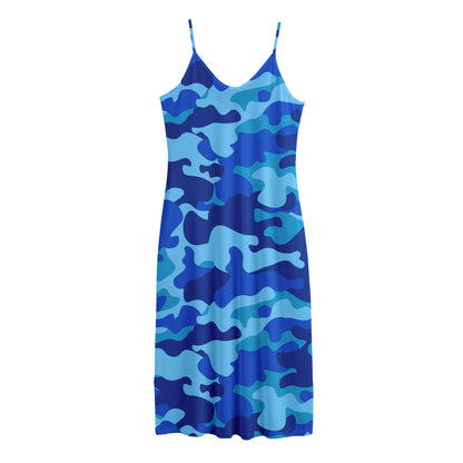 Blue Camouflage Print Jersey Midi Cami Dress