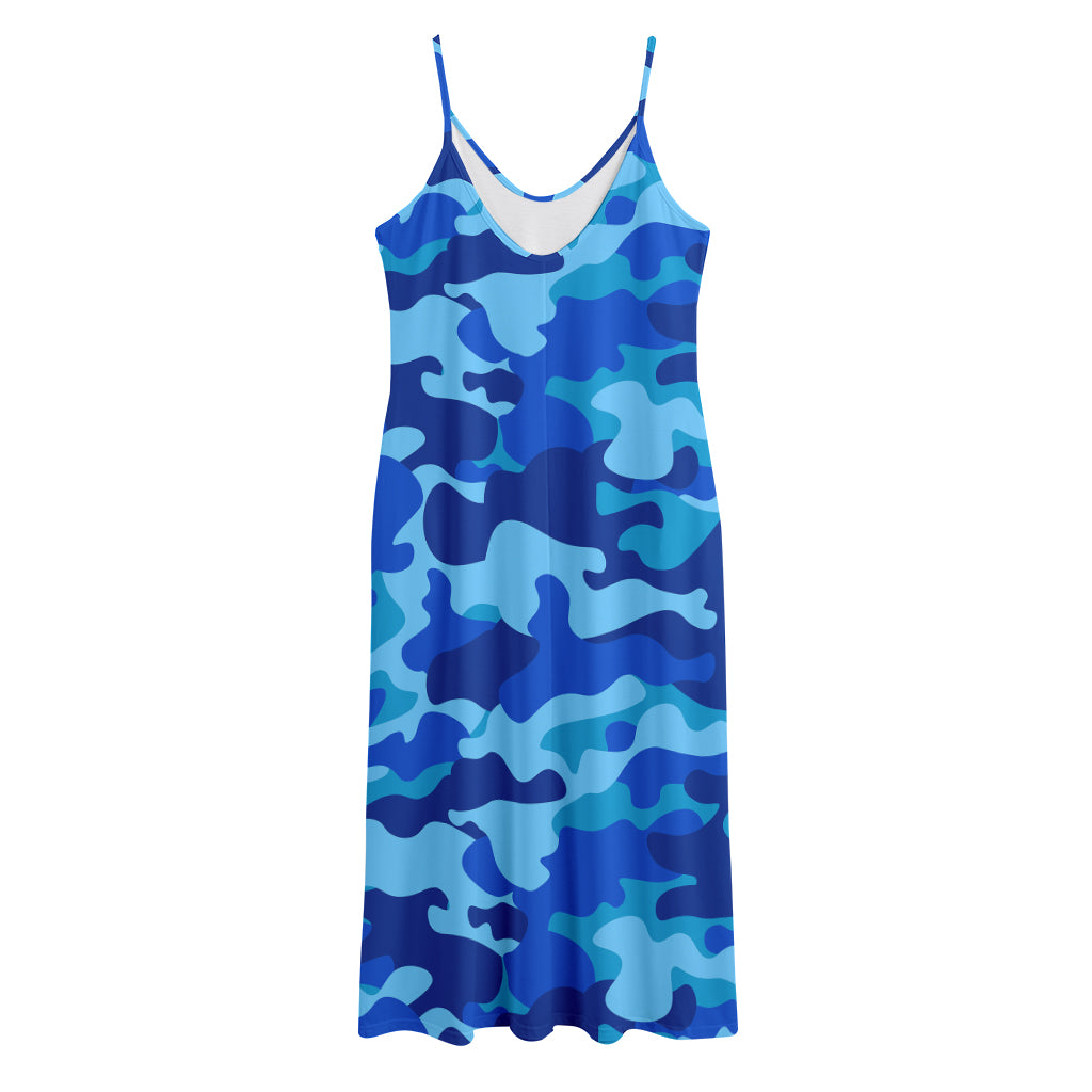 Blue Camouflage Print Jersey Midi Cami Dress