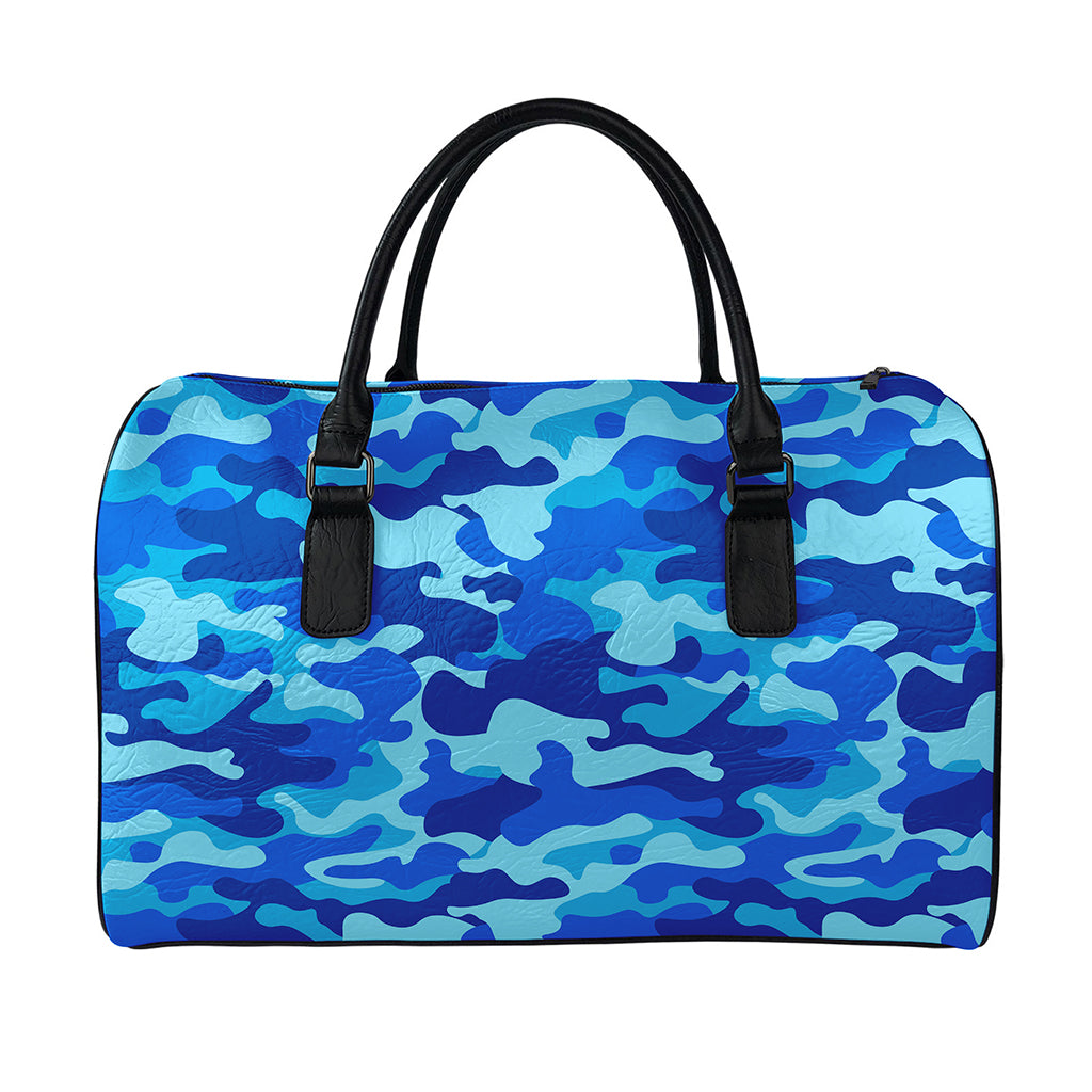 Blue Camouflage Print Leather Duffle Bag