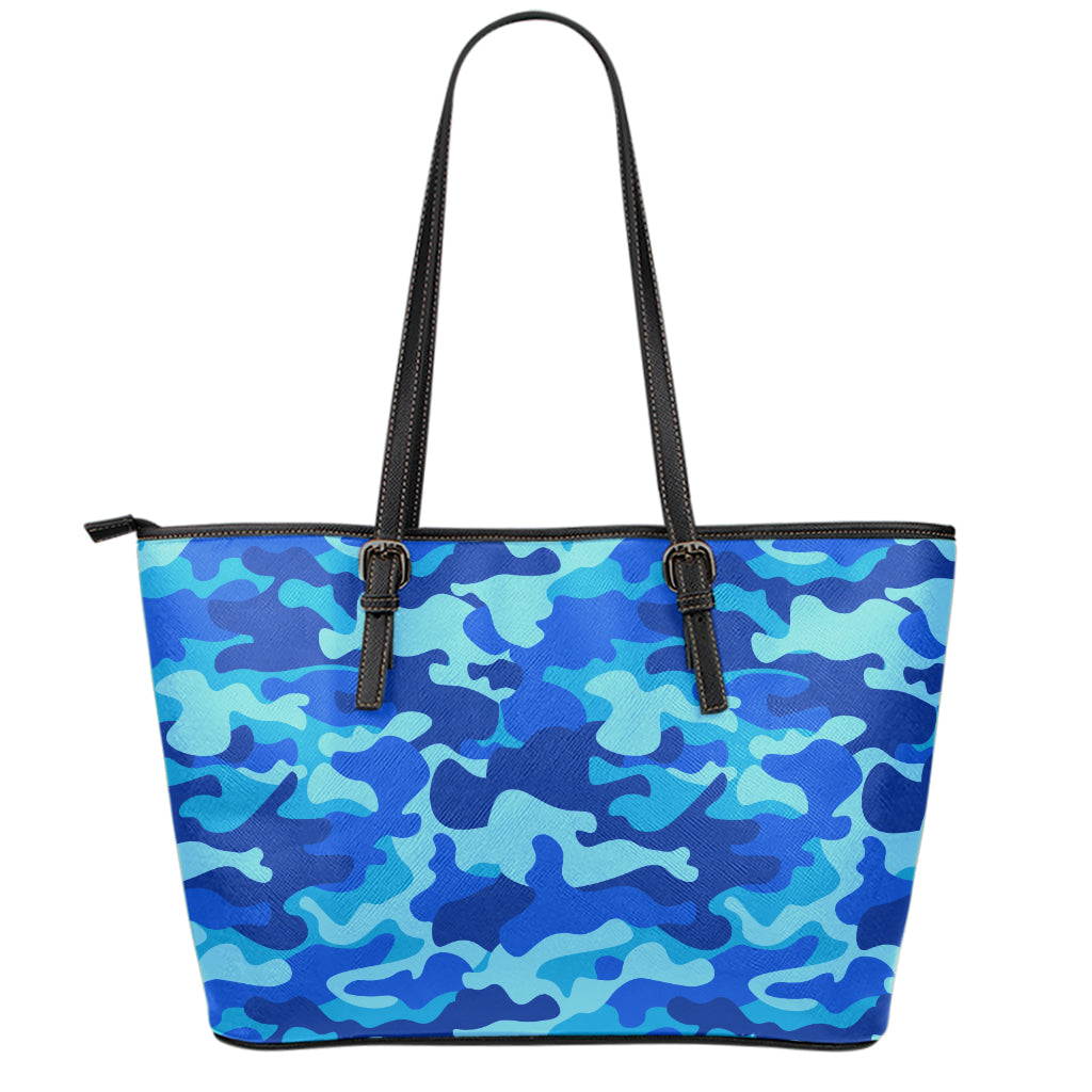 Blue Camouflage Print Leather Tote Bag