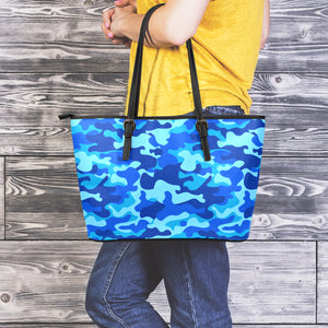 Blue Camouflage Print Leather Tote Bag
