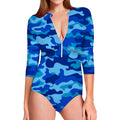 Blue Camouflage Print Long Sleeve Swimsuit